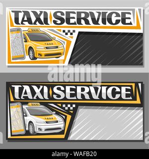 Vector banners for Taxi Service with copy space, layouts with standing cartoon cab and cell phone, original letters for words taxi service, innovation Stock Vector