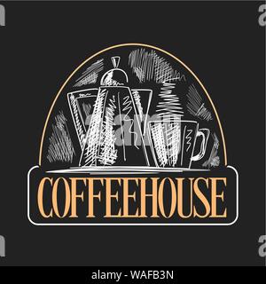 Vector logo for Coffee House, decorative signage with coffee pot and cup with hot beverage on black background, poster with trendy chalk sketch with l Stock Vector