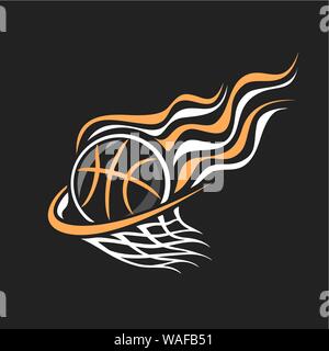 Vector logo for Basketball, decorative badge with burning basketball ball flying on trajectory in basket with net on black background, sports chalk sk Stock Vector