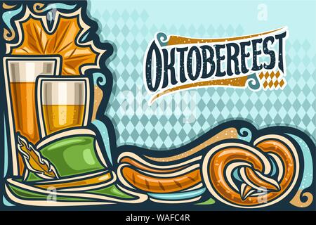 Vector greeting card for Oktoberfest with copy space, invitation with original lettering for word oktoberfest on blue rhomb background, beer glasses, Stock Vector