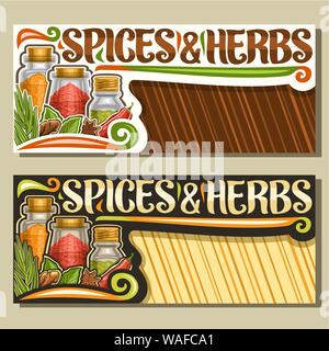 Vector layouts for Spices and Herbs with copy space, vouchers with illustration of set indian fresh seasonings in glass boxes, leaflet with flourishes Stock Vector