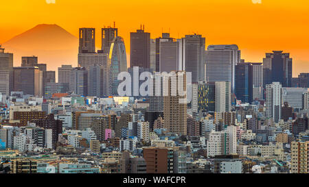 Skyline of Shinjuku, Tokyo, Japan with Mt. Fuji visible. Stock Photo