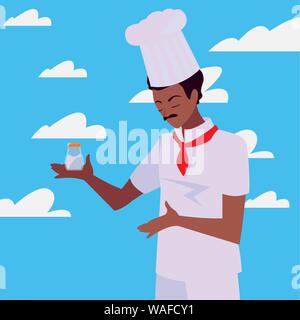 man chef holding salt cooking outdoors background sky vector illustration Stock Vector