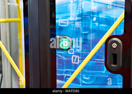 Button on bus. Door opening button. Details in public transport. Door ...