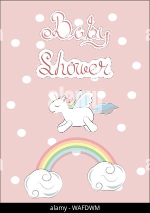 card, poster or the invitation, for baby shower, with a rainbow in clouds and flying unicorn Stock Vector