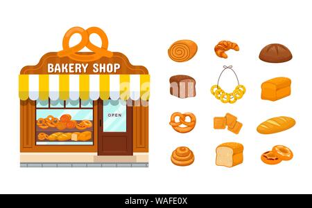 Bakery store and set of bakery products on white background. Facade of bakery shop.Baked products in cartoon style. Stock Vector