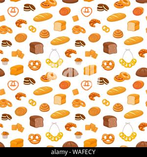 Seamless pattern with fresh pastries on black background. Baked products in cartoon style. Stock Vector