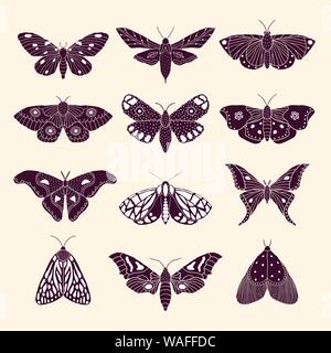Set of hand drawn moths and butterflies in doodle style Stock Vector