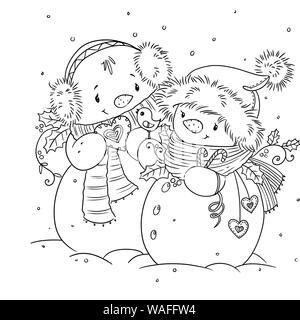 Outlined happy smiling snowman. Cute illustration coloring page. Digital stamp. Stock Photo