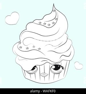 cupcake with the cream decorated with star, with funy face, Coloring book  Can be used for t-shirt print, kids wear fashion design, baby shower invita Stock Vector