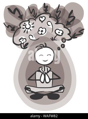 Meditating stickman usual head leisure wear aura thinking positive black and white by jziprian Stock Vector