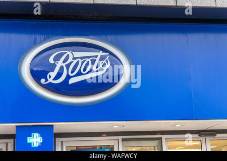 Blue and white Logo of Boots a health and beauty retailer and pharmacy chain Stock Photo