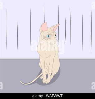Orange cat with green eyes sitting in the room, vector. Stock Vector