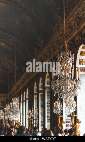 Versailles, France - July 22, 2014: Interior Chateau of Versailles, France. Chandelier Palace Versailles was a Royal Chateau-most beautiful palace in Stock Photo