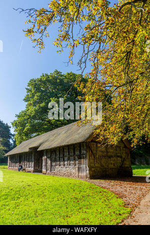 The thatched Stryd Lydan barn from c1550 at St Fagans National Museum of Welsh History, Cardiff, Wales, UK Stock Photo