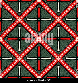 Colorful Hand Drawn Tribal African Diamonds, Crosses and Stripes Vector Seamless Pattern. Stylised Dense Ethnic Geo Cloth Textured Background. Graphic Stock Vector