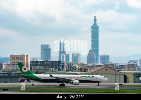 TAIPEI, TAIWAN - MAY 19, 2019: EVA Air Airbus A330-300 taxing at the Taipei Songshan Airport in Taipei, Taiwan. Stock Photo