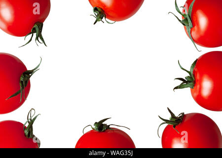 Frame of fresh cherry tomatoes isolated on white background, copy space. Macro, flat lay. Horizontal. Stock Photo