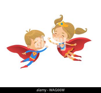 Flying And Laughing Superhero Boy And Girl Brown Hair Super Hero