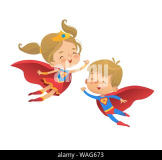 Flying and laughing Superhero boy and girl. Brown Hair Super hero children illustration isolated on white background. Cartoon vector characters of Kid Stock Vector