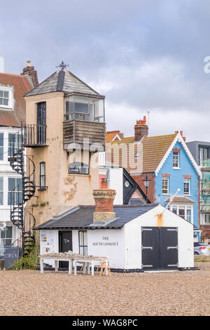The Aldeburgh Beach Lookout on the seafront at Aldeburgh. Built in around 1830 to keep an eye out for ships in trouble, Suffolk coast, England, UK Stock Photo