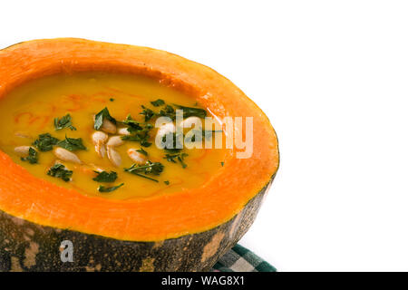 Pumpkin and carrot soup isolated on white background. Autumn food. Stock Photo
