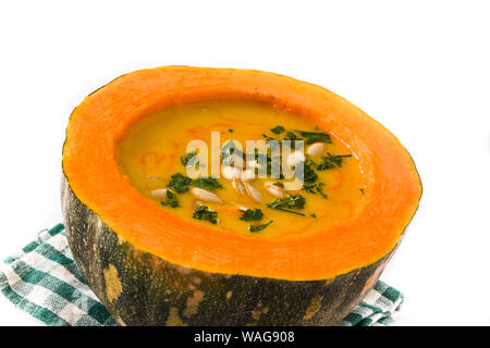 Pumpkin and carrot soup isolated on white background. Autumn food. Stock Photo