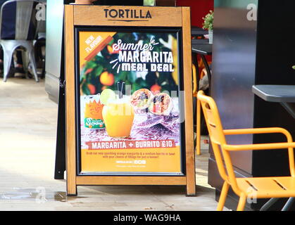 London, UK. 19th Aug, 2019. Tortilla restaurant in the recently developed Kings Boulevard and Pancras Square behind London's Kings Cross Rail station. Credit: Keith Mayhew/SOPA Images/ZUMA Wire/Alamy Live News Stock Photo