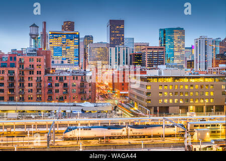 Denver, Colorado, USA downtown cityscape over the train station at twilight. Stock Photo