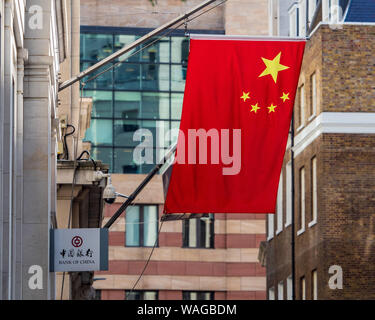 Chinese Flags outside the Bank of China London - Chinese flags mark a growing presence of Chinese Banks in the City of London financial district. Stock Photo