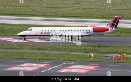 DUSSELDORF, GERMANY - MAY 26, 2019: Loganair Embraer 145EP (CN 280) taxi in Dusseldorf Airport. Stock Photo