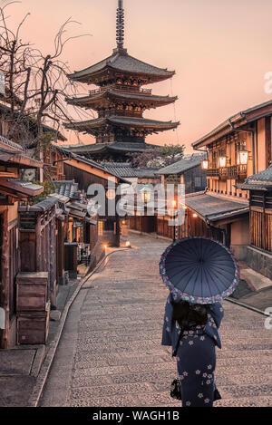 Traditional street in the old Kyoto at sunset