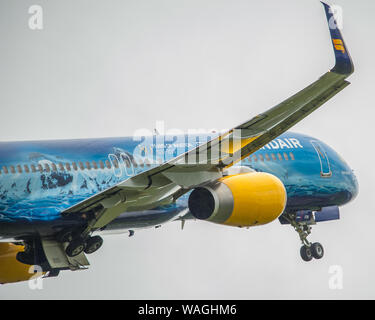 Glasgow, UK. 26 April 2019. Iceland Air's Boeing 757-200 daily service (reg TF-FIR) with special painted '80 Years Of Aviationi' colour scheme, seen departing Glasgow International Airport for Reykjavik, Iceland.    Iceland Air has been promoting Icelands natural beauty and tourism, which has led to an increase in passenger numbers from Scotland and the rest of the UK and Europe.   Iceland Air also fly to North America and mainland Europe.   Colin Fisher/CDFIMAGES.COM Credit: Colin Fisher/Alamy Live News Stock Photo