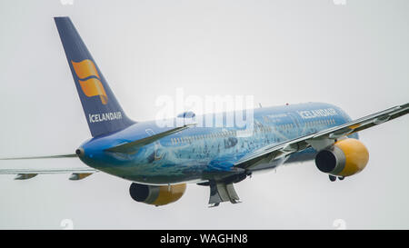 Glasgow, UK. 26 April 2019. Iceland Air's Boeing 757-200 daily service (reg TF-FIR) with special painted '80 Years Of Aviationi' colour scheme, seen departing Glasgow International Airport for Reykjavik, Iceland.    Iceland Air has been promoting Icelands natural beauty and tourism, which has led to an increase in passenger numbers from Scotland and the rest of the UK and Europe.   Iceland Air also fly to North America and mainland Europe.   Colin Fisher/CDFIMAGES.COM Credit: Colin Fisher/Alamy Live News Stock Photo