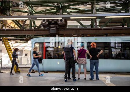 The Wuppertal suspension railway, train of the latest generation 15, Wuppertal, Germany, Station Hauptbahnhof, Stock Photo