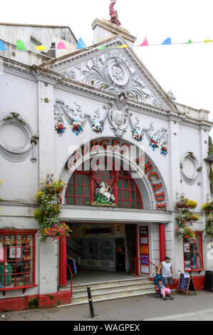 The elaborate entrance and façade to St Georges Arcade - shopping centre - Falmouth, Cornwall, England, UK. Stock Photo