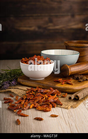 African Birdseye Chilli Chile in a bowl and food preparation and kitchen setting Stock Photo