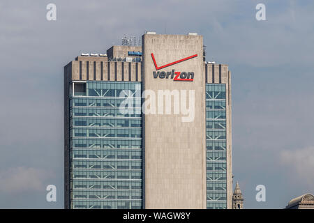 New York - Circa August 2019: The Verizon Building at 375 Pearl Street. Verizon is in a race to bring 5G cellular networks to market VII Stock Photo