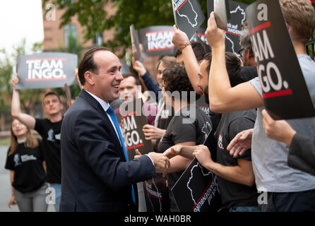 Potsdam, Germany. 20th Aug, 2019. Ingo Senftleben (CDU), the top candidate for the Brandenburg state election, comes to the live broadcast 'Wahlarena' of the Berlin-Brandenburg radio station (rbb) before the state election and welcomes his supporters. Credit: Monika Skolimowska/dpa-Zentralbild/dpa/Alamy Live News Stock Photo