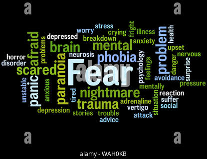 Fear word cloud concept on black background. Stock Photo