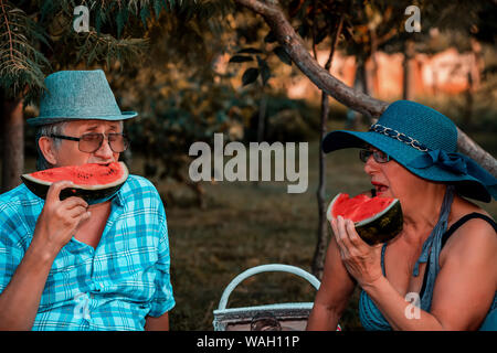 Happy senior loving couple eating watermelon and having a great time together on a picnic in the park. Stock Photo