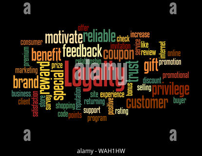 Loyalty word cloud concept on black background. Stock Photo