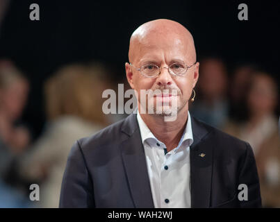 Potsdam, Germany. 20th Aug, 2019. Andreas Kalbitz (AfD), the top candidate for the Brandenburg state election, is about to start the live broadcast 'Wahlarena' of the Berlin-Brandenburg radio station (rbb) before the state election in the studio. Credit: Monika Skolimowska/dpa-Zentralbild/dpa/Alamy Live News Stock Photo