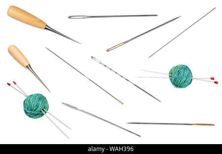 set of various hand sewing needles cut out on white background Stock Photo