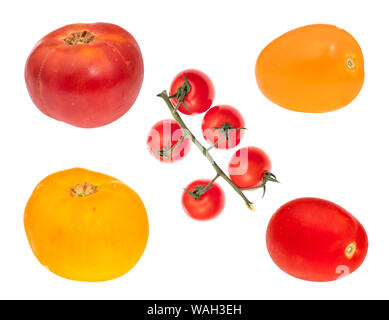 set of various fresh tomatoes cut out on white background Stock Photo