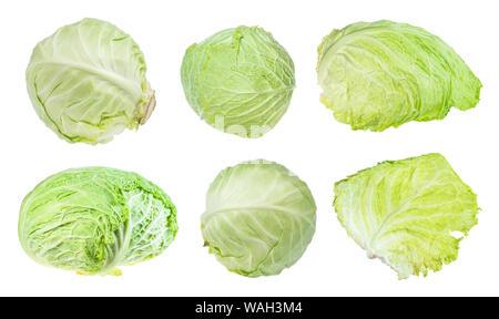 set of various fresh headed cabbages cut out on white background Stock Photo
