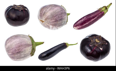 set of various fresh eggplants cut out on white background Stock Photo