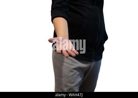asian man giving a helping hand, asking or offering help Stock Photo