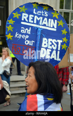 London, UK, 20 August 2019 SODEM demonstrators protesting the UK leaving the EU in Brexit outside the Cabinet Office in Whitehall. Credit: JOHNNY ARMSTEAD/Alamy Live News Stock Photo