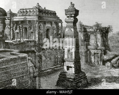 India, Ellora Caves. Brahma Temple. Engraving. La Ilustracion Española y Americana, April 30, 1876. Stock Photo